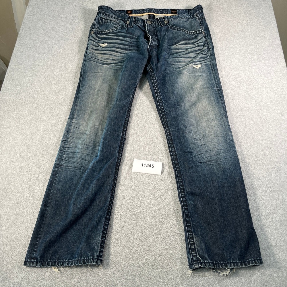 Rivet De Cru Jeans Mens 38 Straight Leg Dark Wash Whiskered Distressed 100-227
